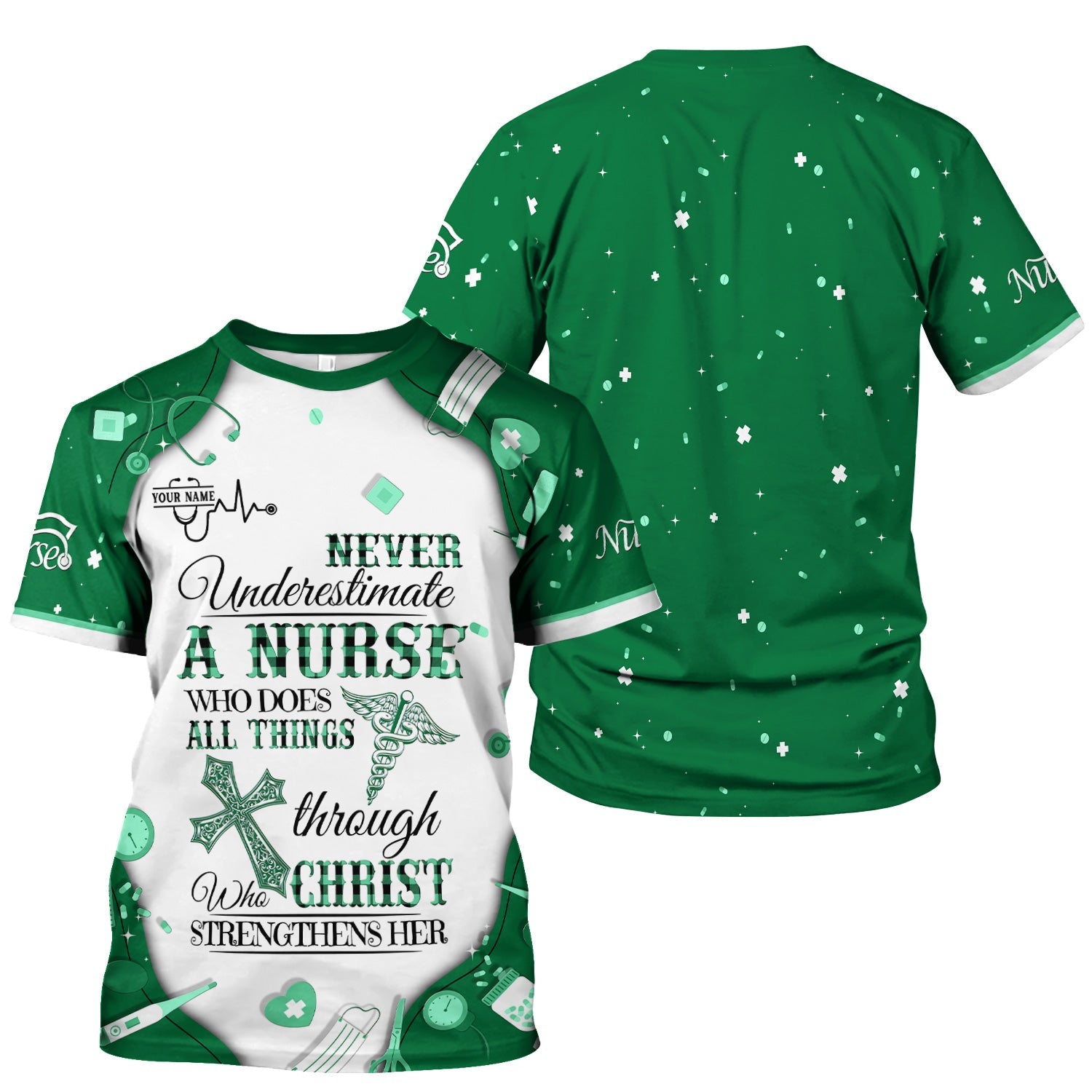 Personalized Christian Nurse Shirt - All Things Through Christ Quote - Faith-Based Medical Gift for RN, LPN, CNA Healthcare Workers