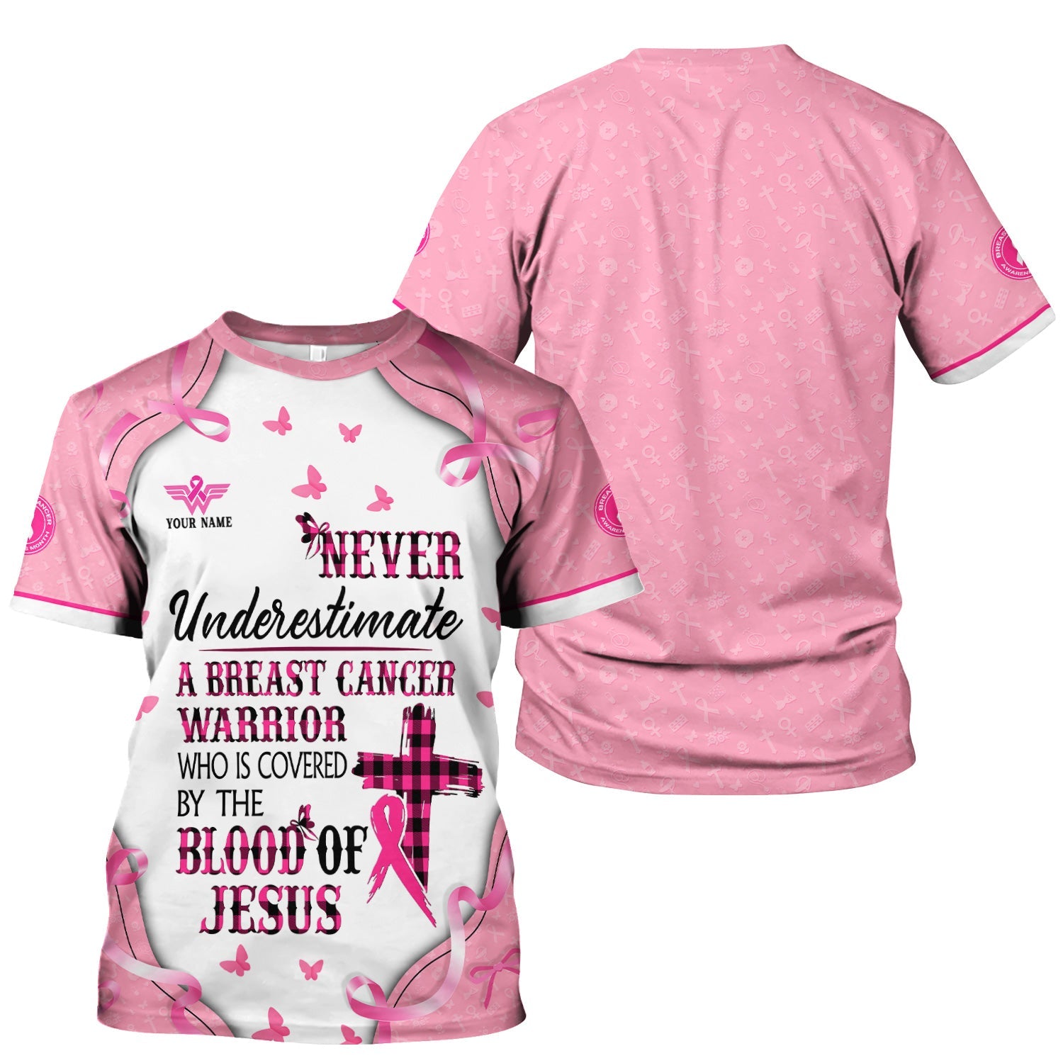 Custom Christian Breast Cancer Awareness Shirt - Blood Of Jesus Quote Graphic Tee - Gift for RN LPN CNA