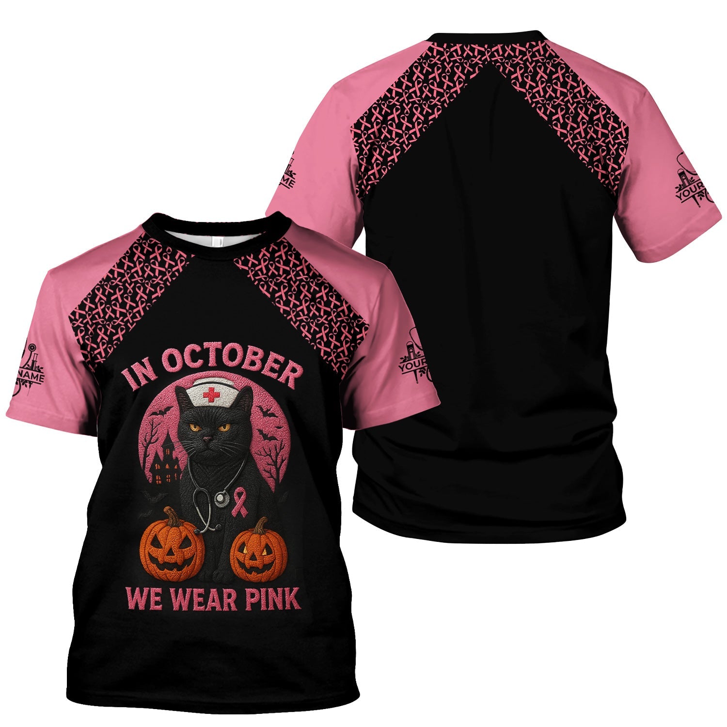 Custom Breast Cancer Awareness Nurse Shirt - In October We Wear Pink Halloween Cat Tee - CNA RN LPN Nursing Apparel Gift