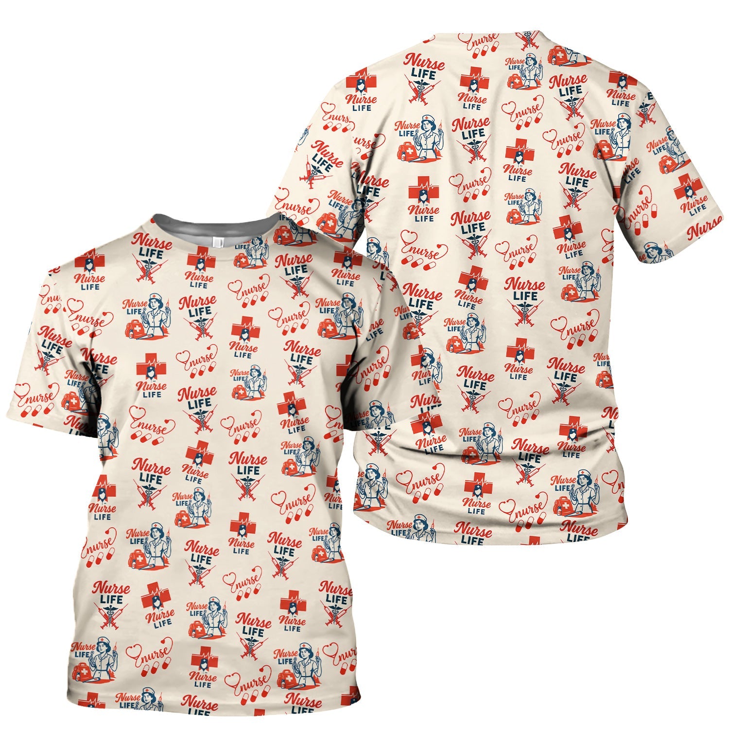 Vintage Nurse Life T-Shirt - All-Over Print Medical Icons Graphic Tee - Medical Gift for RN, LPN, CNA