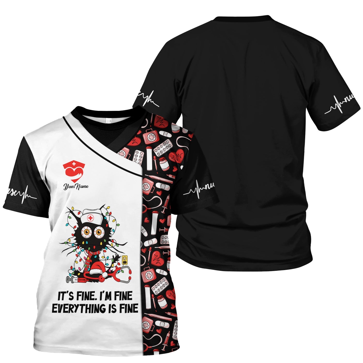 Personalized Sarcastic Nurse Shirt - Messy Black Cat with Christmas Lights Graphic Tee - Gift for Women RN, LPN, CNA