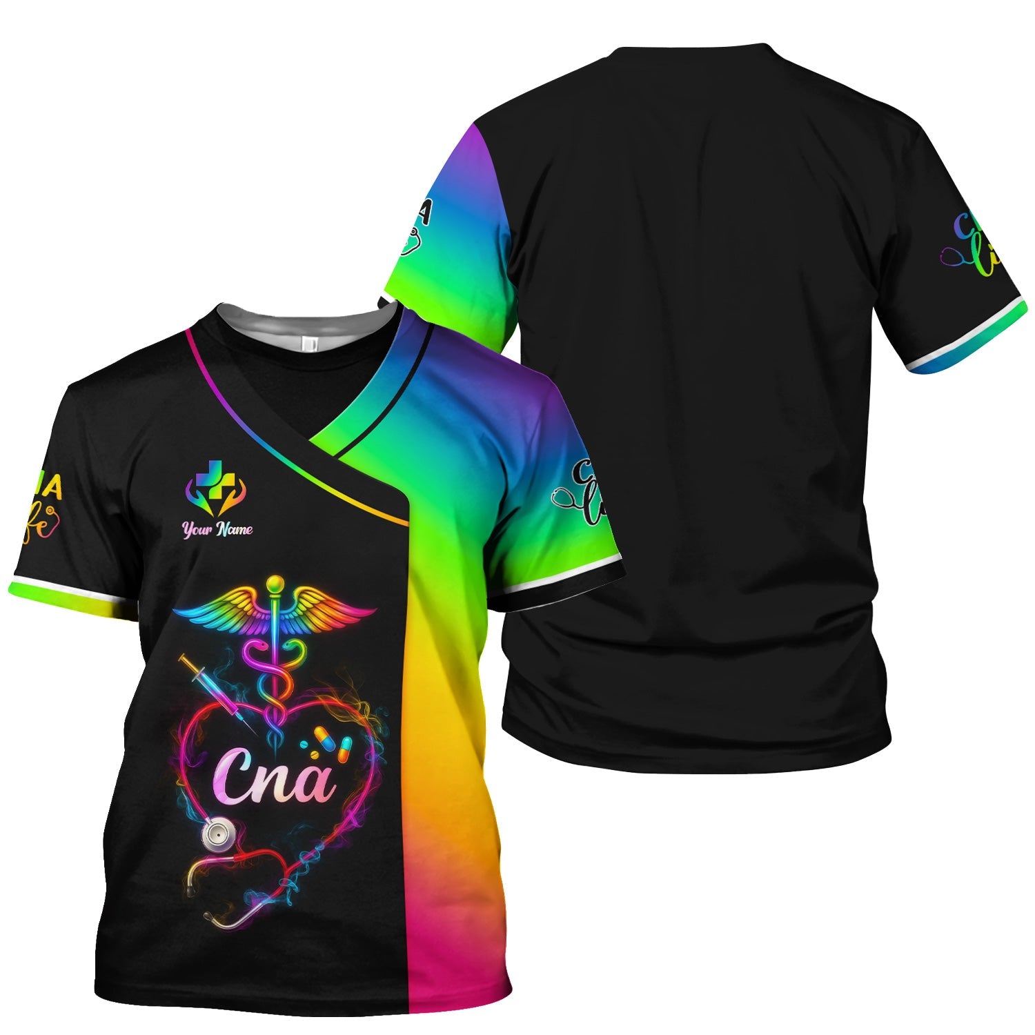 Custom Rainbow CNA Nurse Shirt - Stethoscope Heart & Caduceus Design - Gift for RN LPN Healthcare Workers