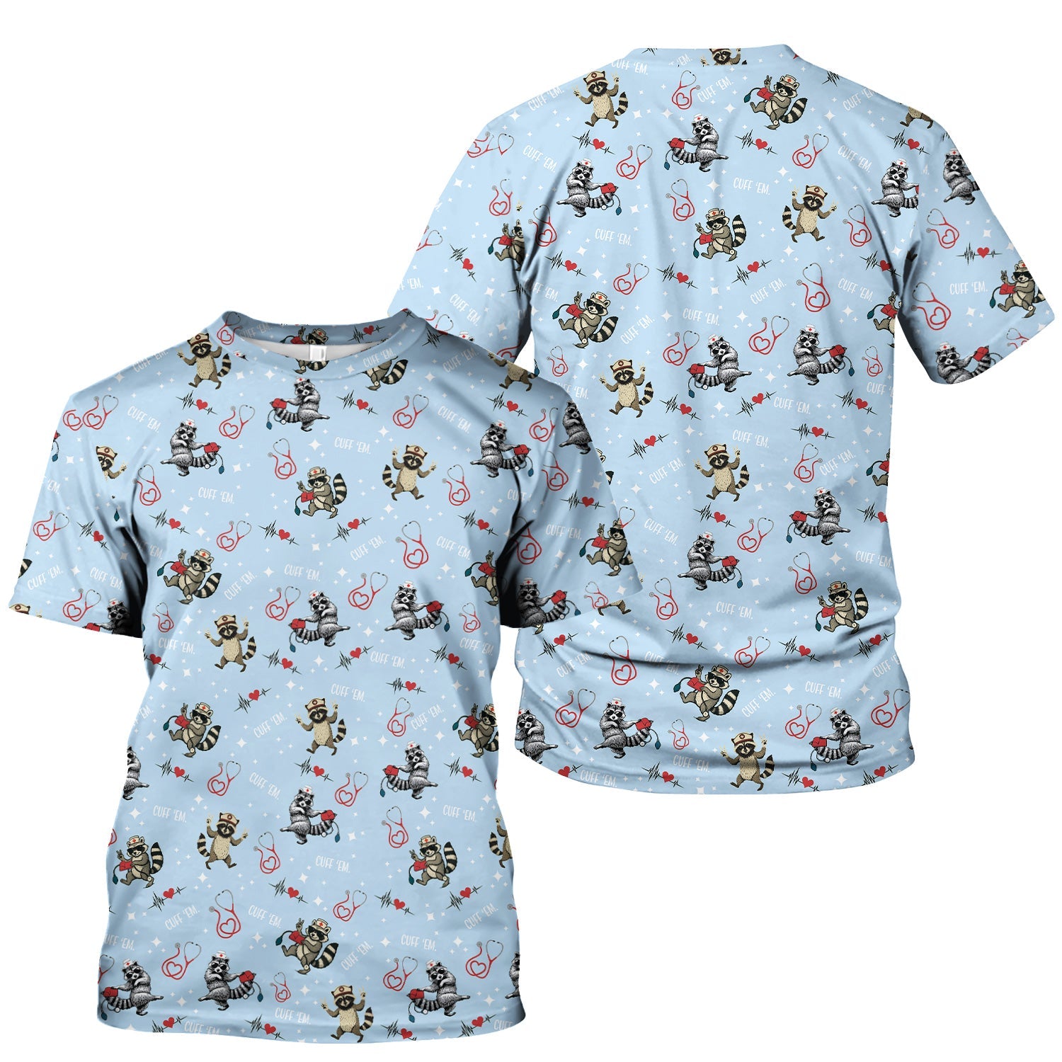 Cuff Em Raccoon Nurse Shirt - Funny Medical Scrub T-Shirt for CNA EMT LPN - Cute All Over Print Gift for Healthcare Workers