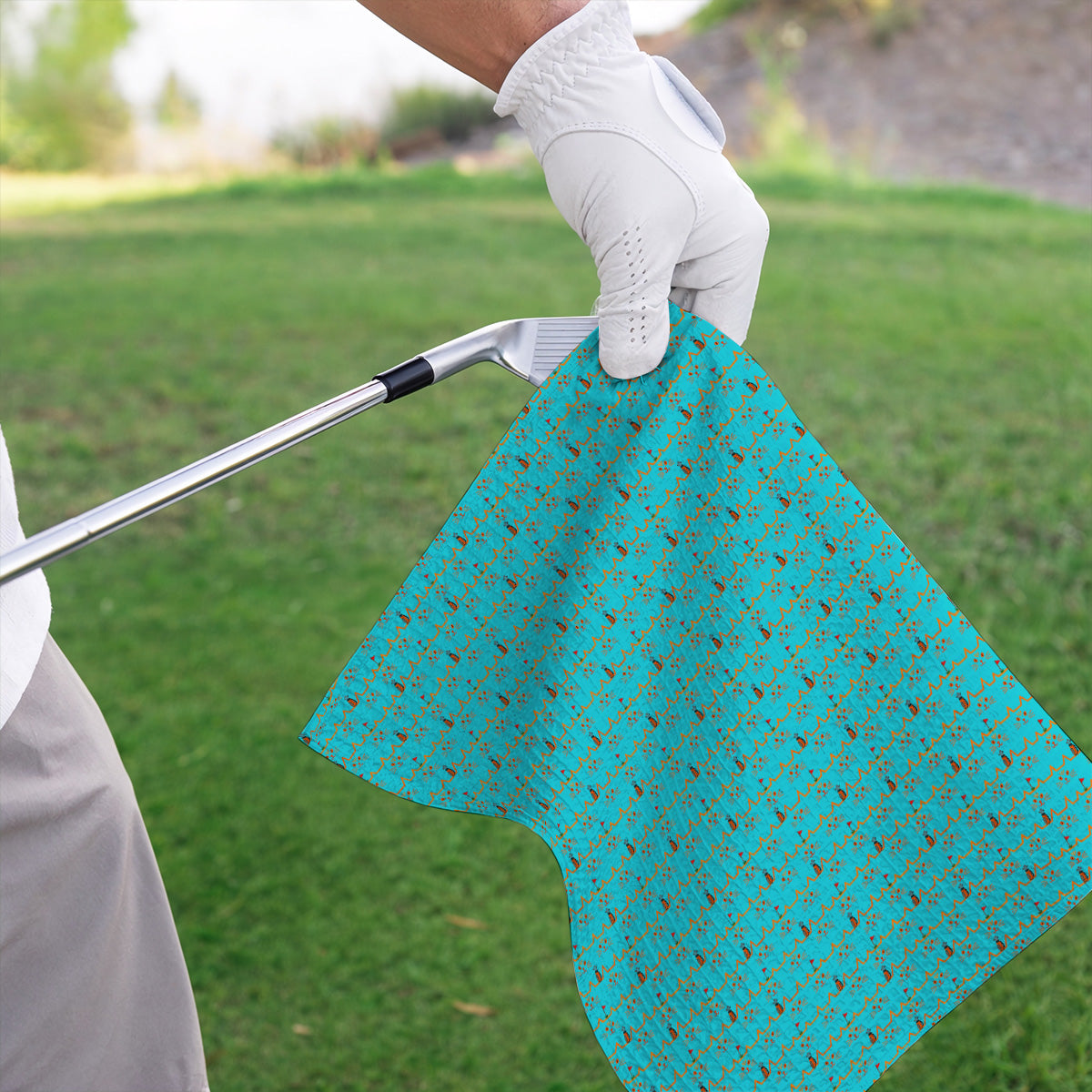 Cat Lover Golf Towels, Turquoise Cat Face & Golf Bag Pattern Golf Towel, Funny Kitty Golf Gift for Golfers