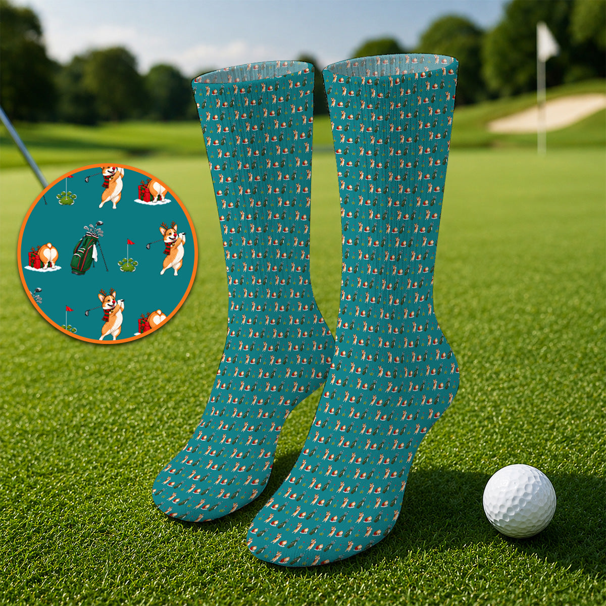 Funny Corgi Christmas Golf Socks, Xmas Corgi Pattern Golf Sock, Golf Gift For Golfers
