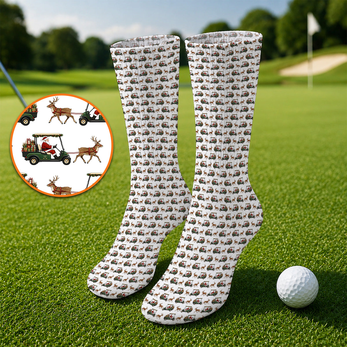 Santa Reindeer Golf Cart Socks, Xmas Pattern Golf Sock, Crazy Christmas Golf Gift