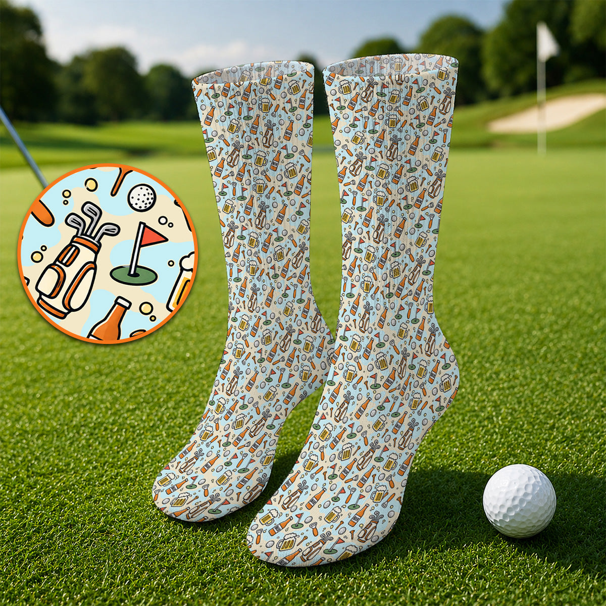 Funny Beer Pattern Golf Socks, Retro Golf Clubs And Beer Golf Sock, Unique Golfing Gift For Golfers