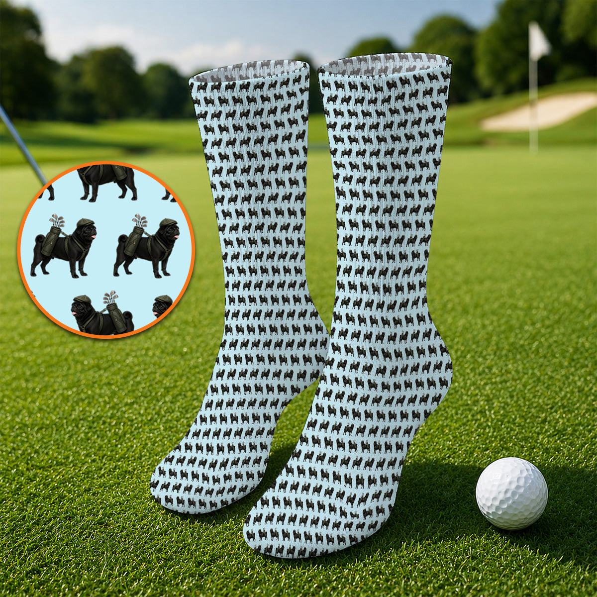 Black Pug Pattern Golf Socks, Funny Pug Golf Sock, Golf Gift For Golfer