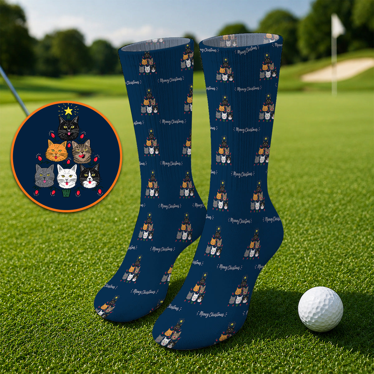 Meowy Christmas Cat Golf Socks, Festive Cat Christmas Pattern Golf Sock, Xmas Golf Gift For Cat Lovers