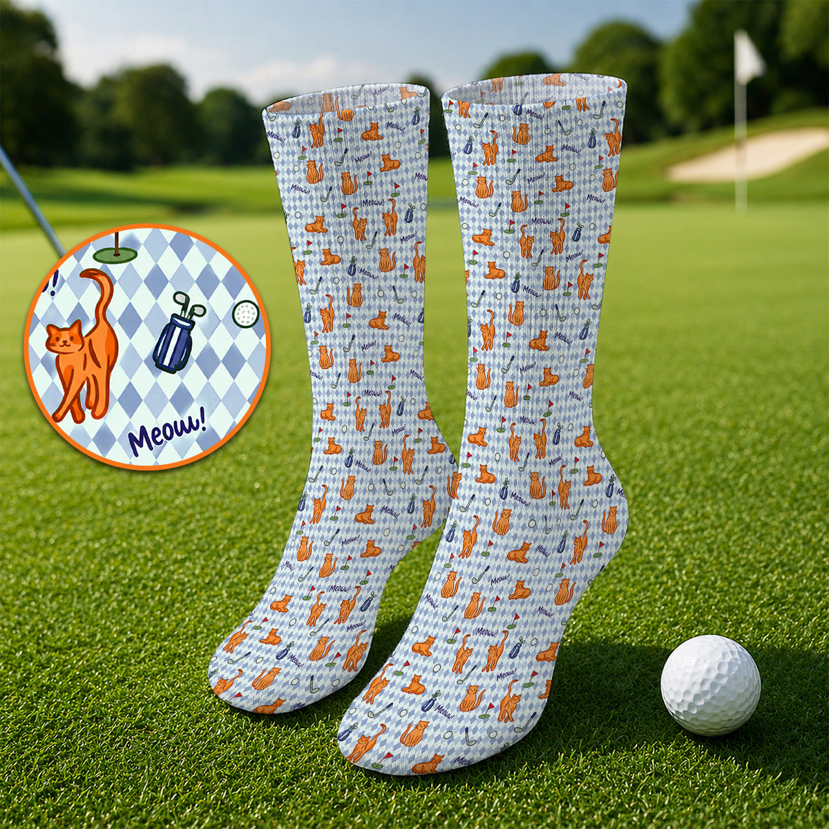 Cute Orange Cat Golf Socks, Meow Cat And Golf Pattern Sock, Funny Cat Golf Gift For Golfer