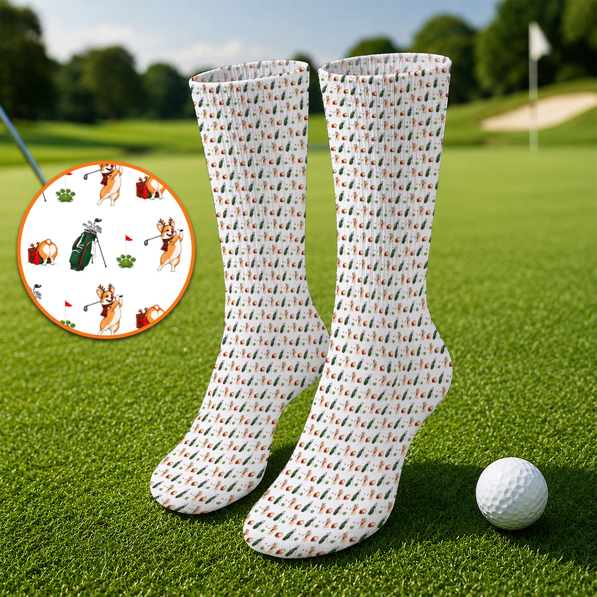 Funny Corgi Christmas Golf Socks, Xmas Corgi Pattern Golf Sock, Golf Gift For Golfers