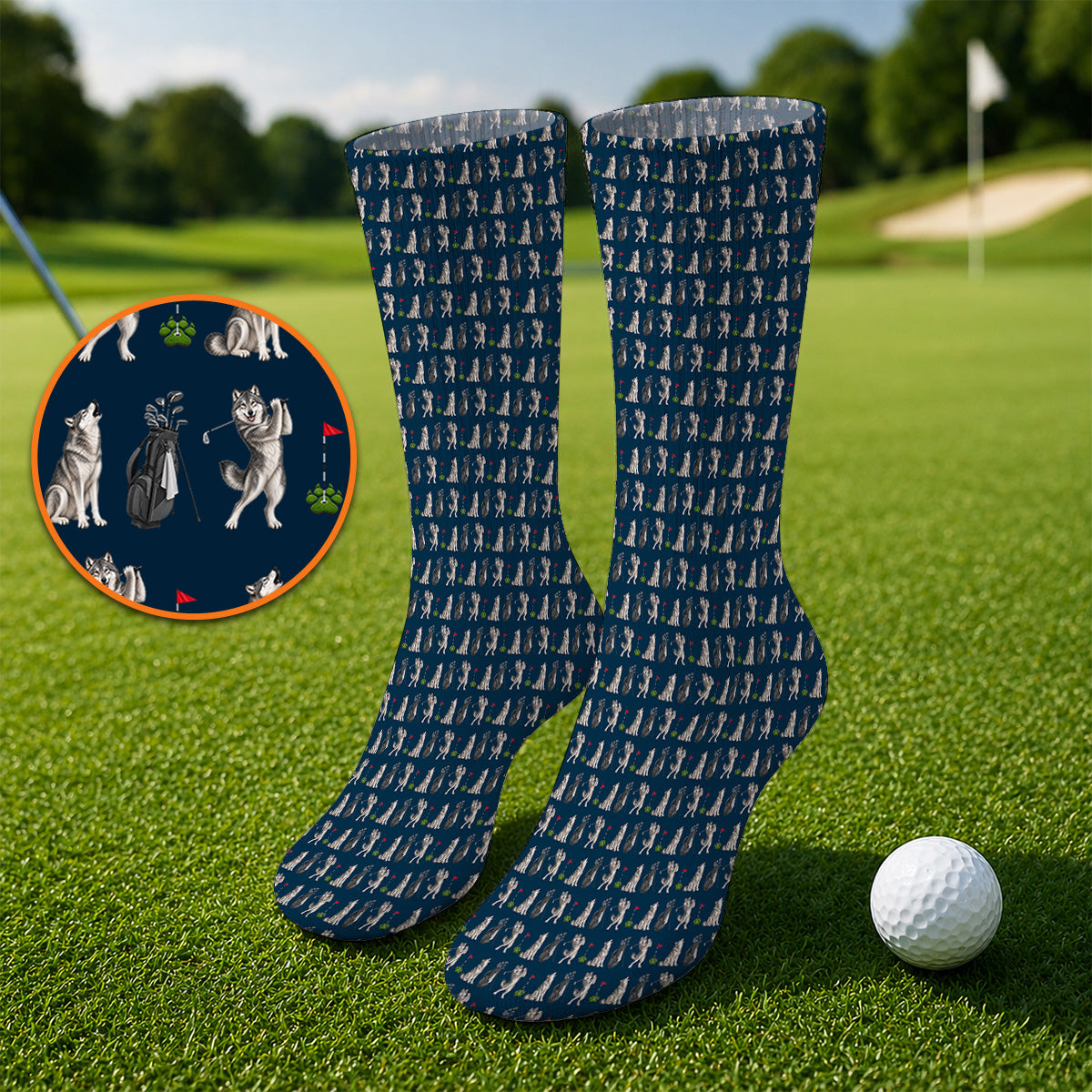 Wolf Golf Socks, Funny Wolf Golf Pattern Sock, Wildlife Lover Golf Gift for Golfer