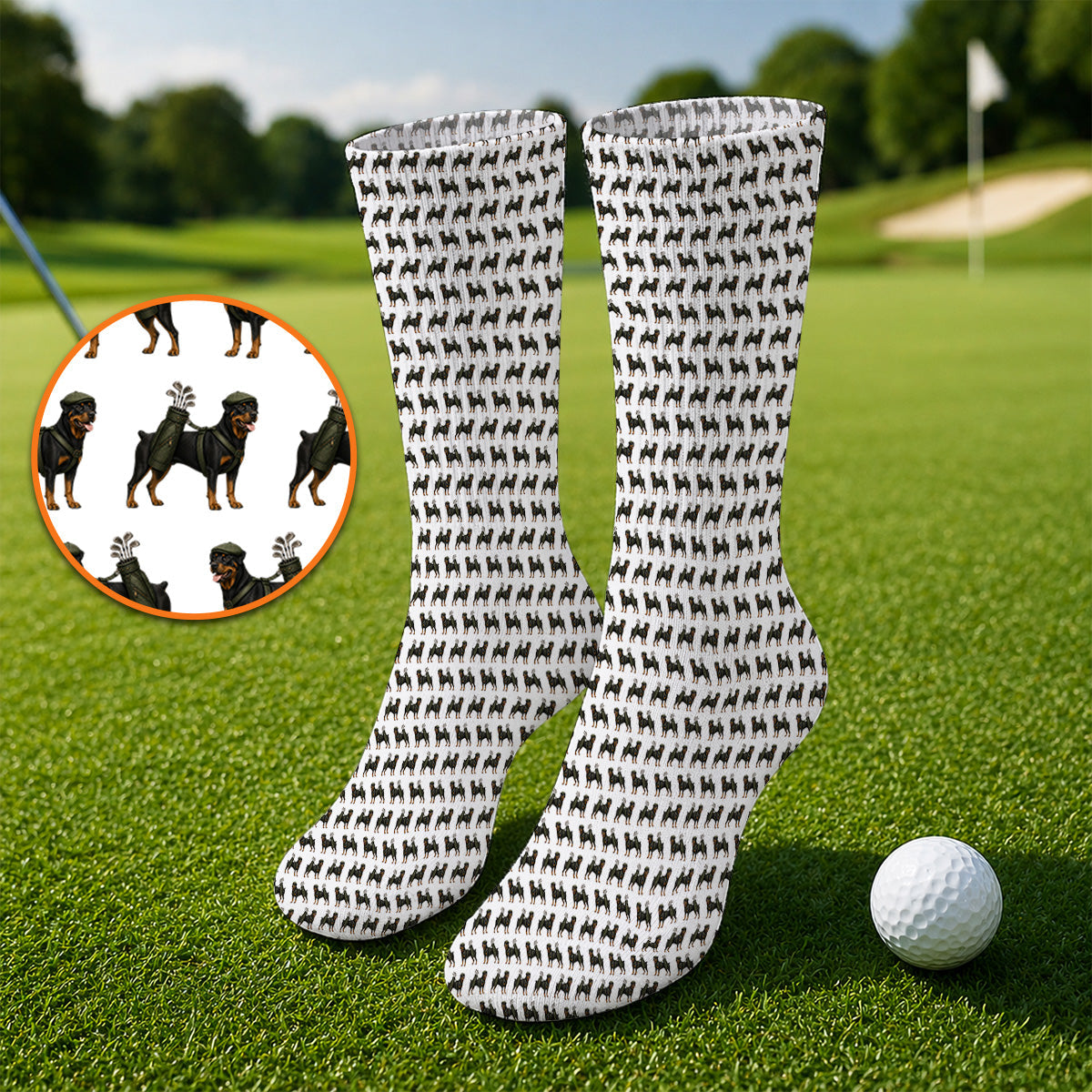 Rottweiler Golf Socks, Rottweiler Dog Golf Pattern Sock, Crazy Golf Gift For Golfer