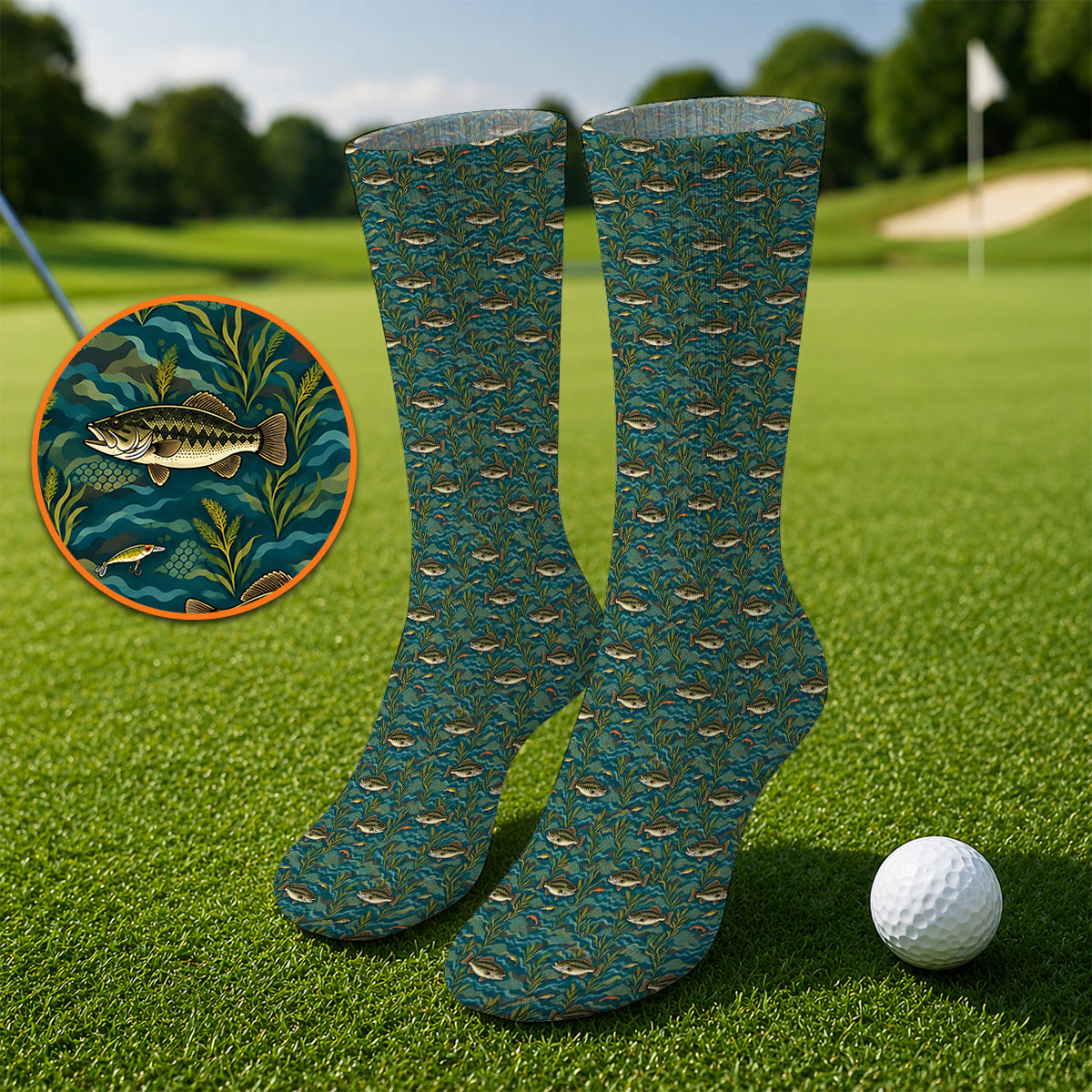 Crazy Bass Fishing Golf Socks, Fishing Bass & Rod Pattern Golf Sock, Golf Gift For Golfers