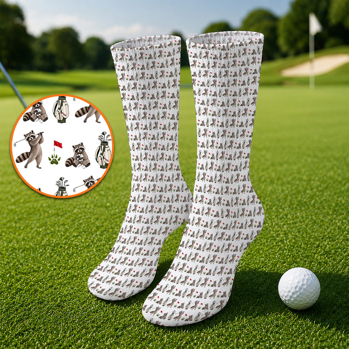 Raccoon Golf Pattern Socks, Funny Raccoon Golf Sock, Woodland Golf Gift For Golfers