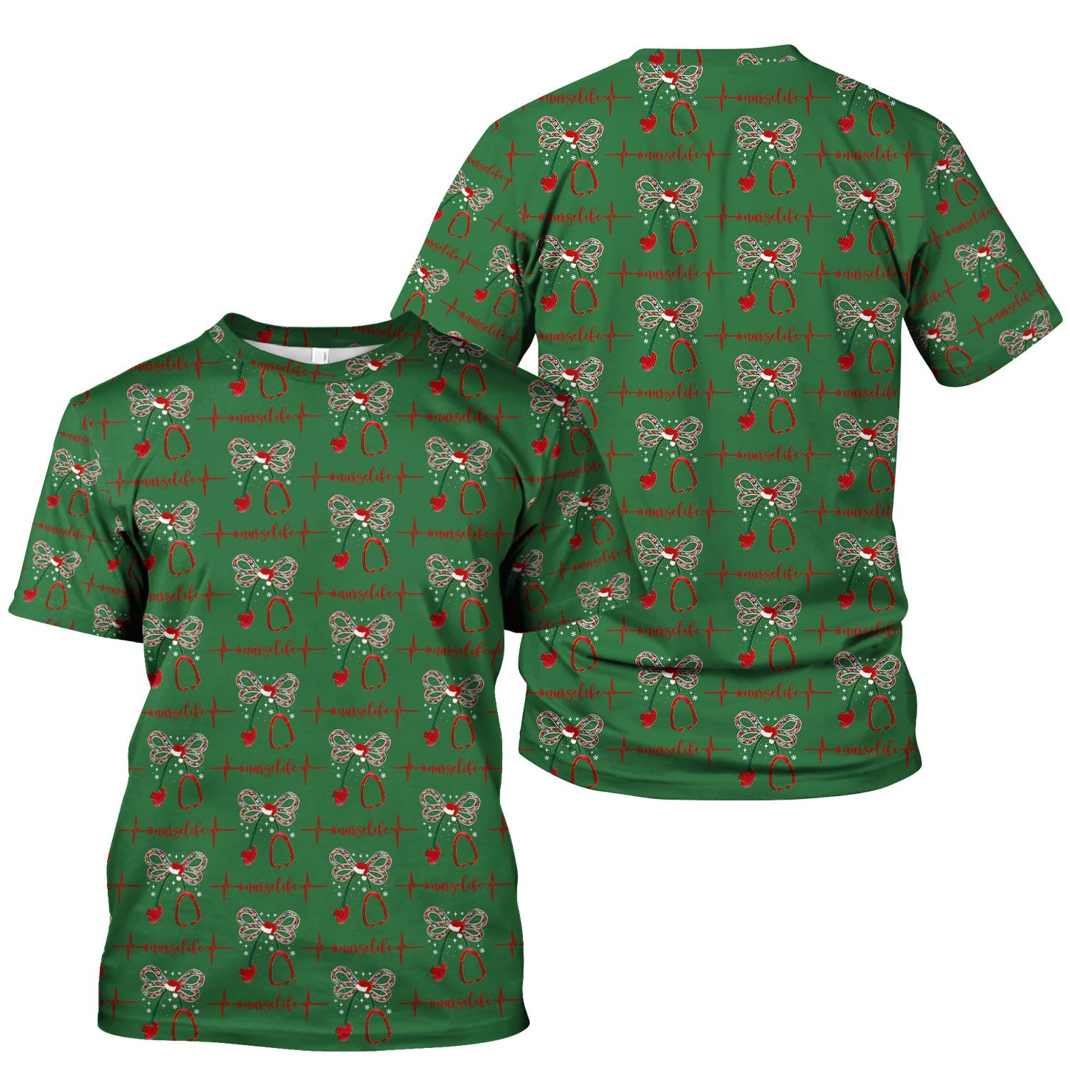 Festive Nurse Life Christmas Shirt - Christmas Stethoscope & Heartbeat Graphic Tee - Gift for RN LPN CNA Healthcare Staff