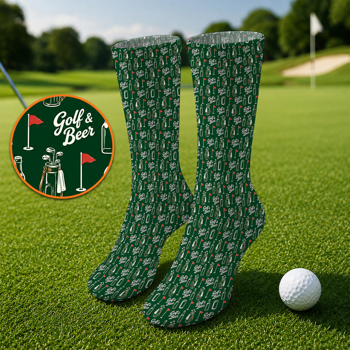 Crazy Golf & Beer Socks, Golf Bag And Beer Bottle Pattern Golf Sock, Golf Gift For Beer Lovers
