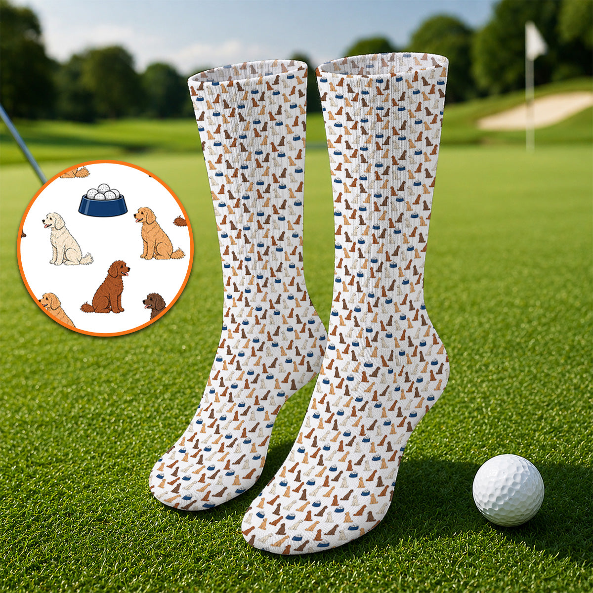 Funny Goldendoodle Pattern Golf Socks, Doodle Dog & Golf Ball Sock, Golf Gift for Golfers