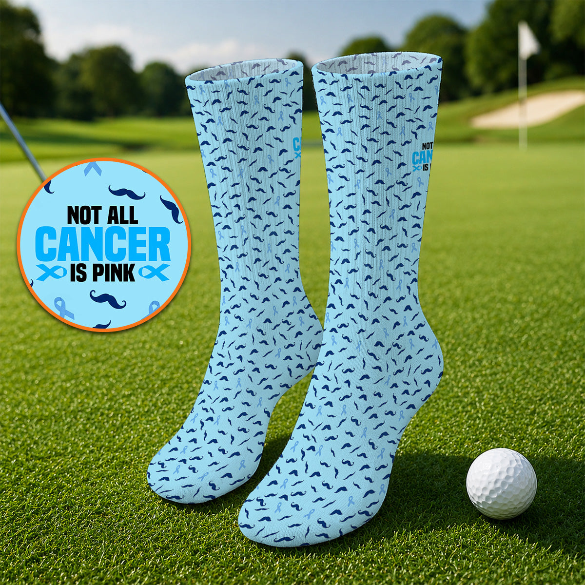 Prostate Cancer Awareness Golf Socks, Blue Ribbon Mustache Pattern Golf Sock, Support Gift for Golfers