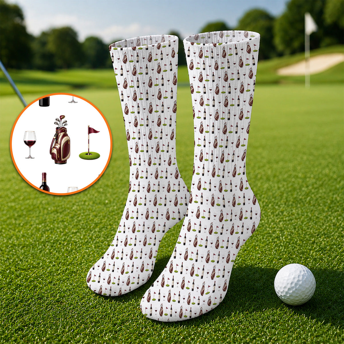 Wine & Golf Socks, Vintage Red Sock Pattern Golf Shirt , Crazy Golf Gift For Golfers