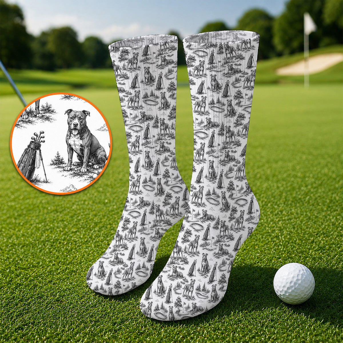 Crazy Pit Bull Golf Socks For Golfer, Toile de Jouy Pit Bull Pattern Golf Sock, Dog Lover Golf Gift