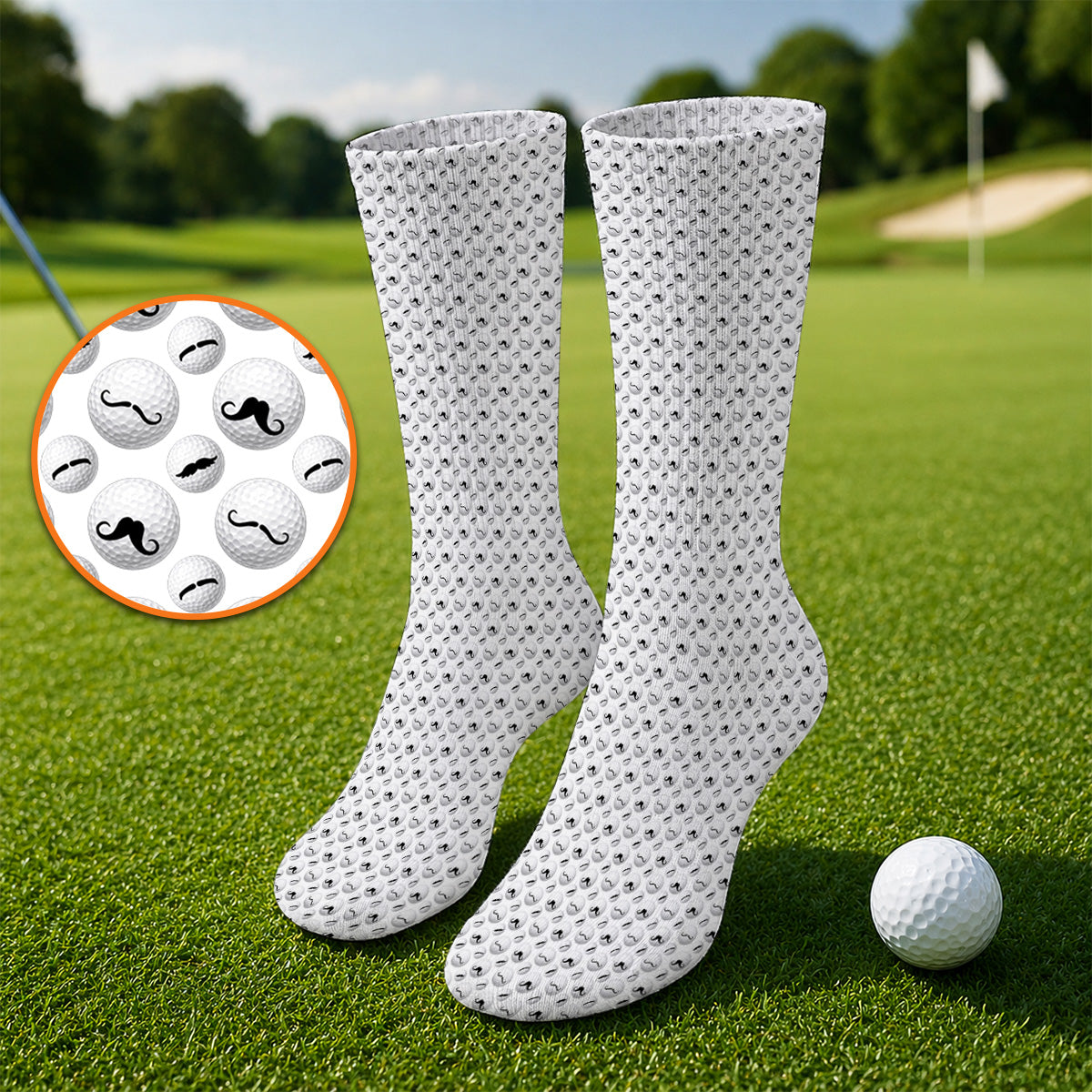 Mustache Golf Ball Socks, Funny Movember Golf Pattern Sock, Gift for Golfers