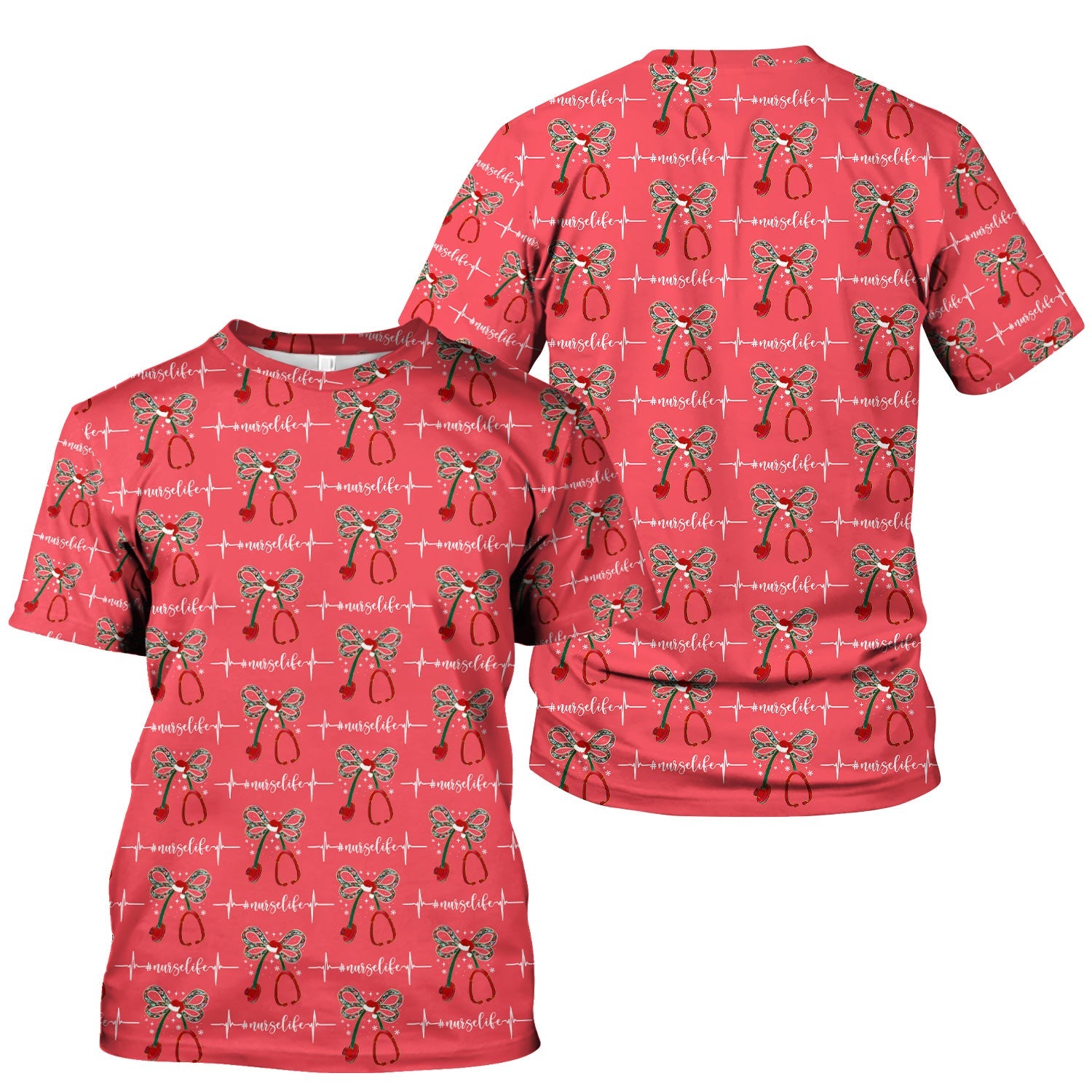 Festive Nurse Life Christmas Shirt - Christmas Stethoscope & Heartbeat Graphic Tee - Gift for RN LPN CNA Healthcare Staff