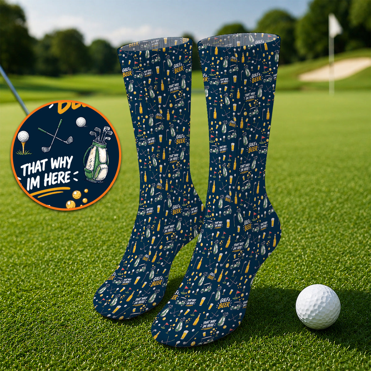 Funny Golf & Beer Socks, Golf Cart And Beer Pattern Golf Sock, That’s Why I’m Here Golf Gift For Golfer