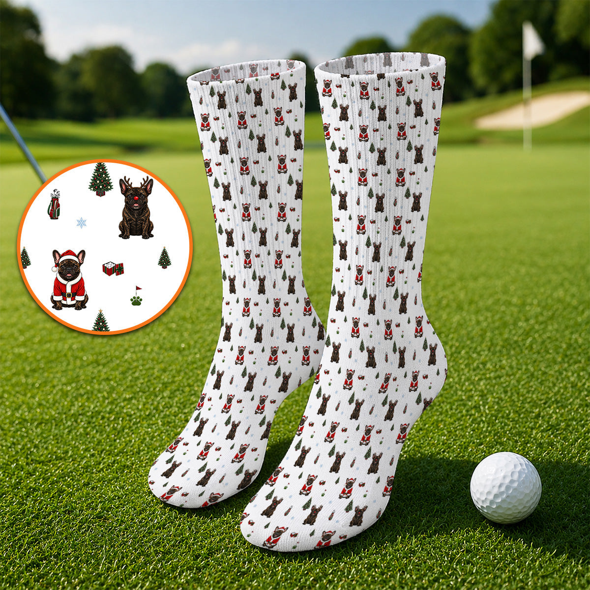 Reindeer French Bulldog Christmas Golf Socks, Festive Dog Holiday Pattern Golf Sock, Xmas Golf Gift for Golfers