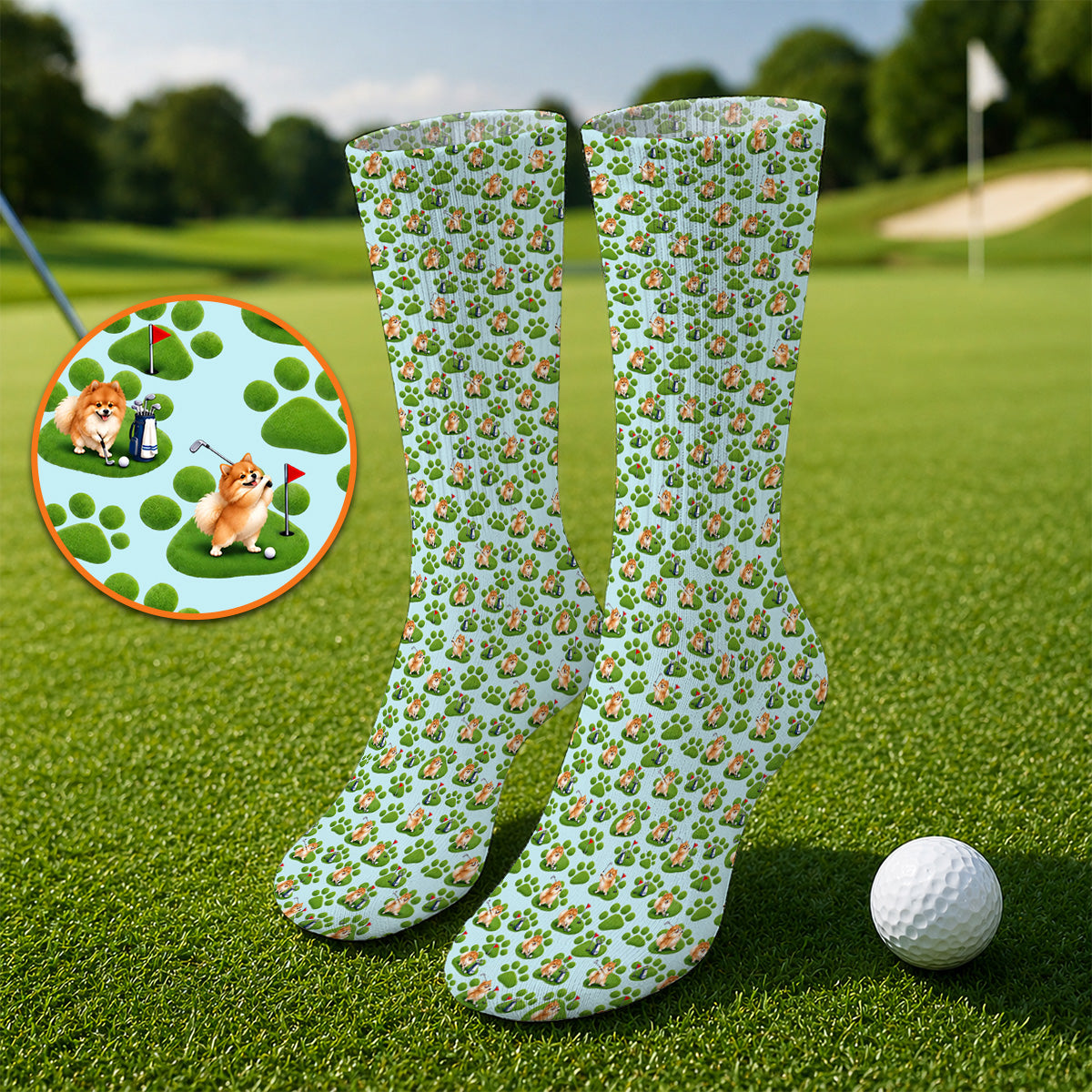 Pomeranian Paw Pattern Golf Socks, Cute Fluffy Pom Dog Pattern Golf Sock, Crazy Golf Gift For Golfers