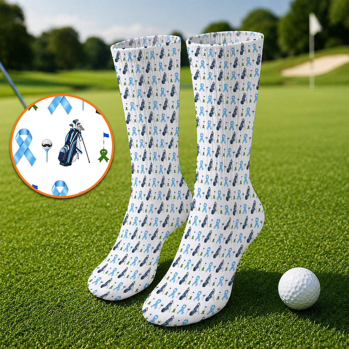 Prostate Cancer Awareness Golf Socks, Blue Ribbon Golf Pattern Sock, Prostate Cancer Support Gift for Golfers