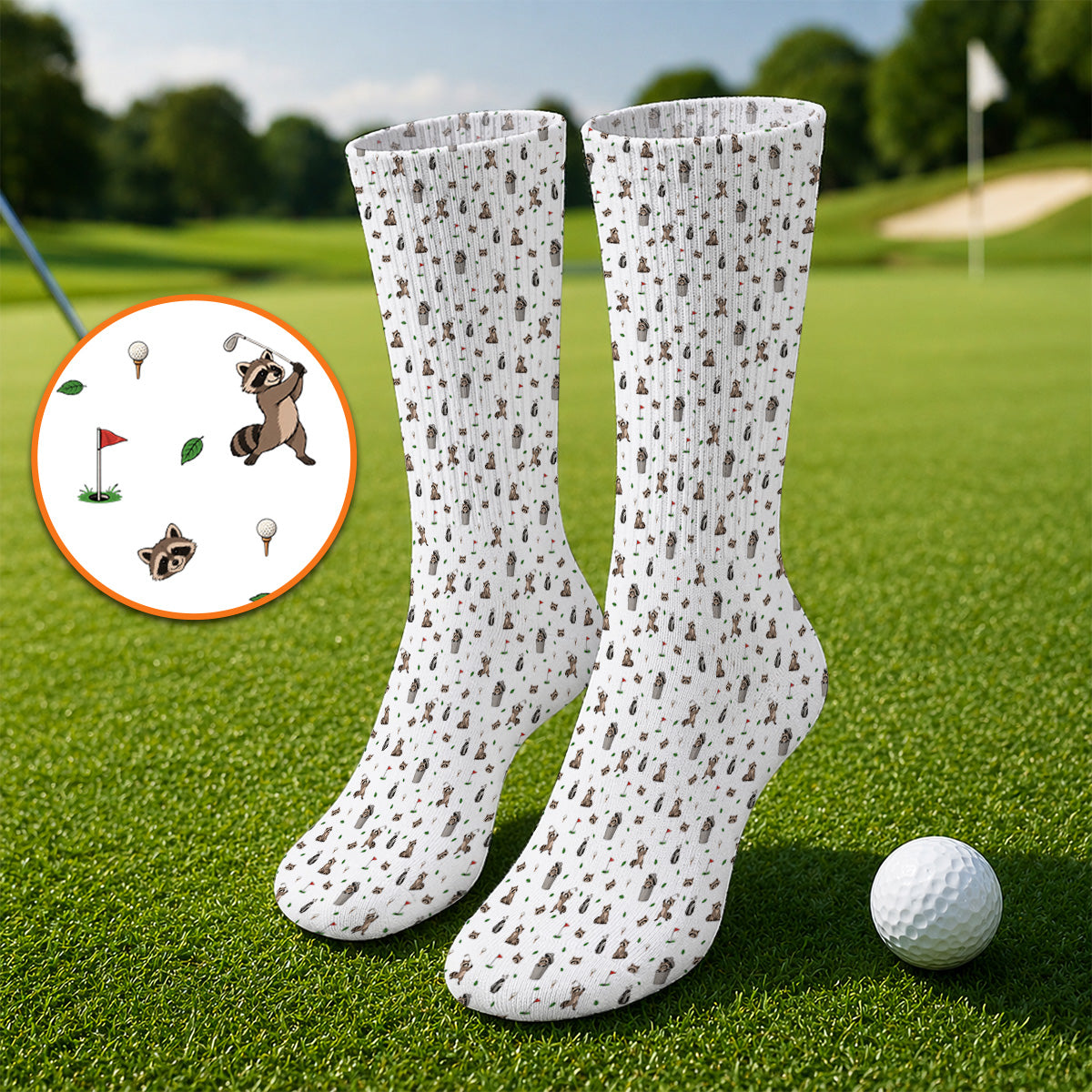 Raccoon Golf Socks, Playful Raccoon Golf Pattern Sock, Funny Animal Golf Footwear for Golfer