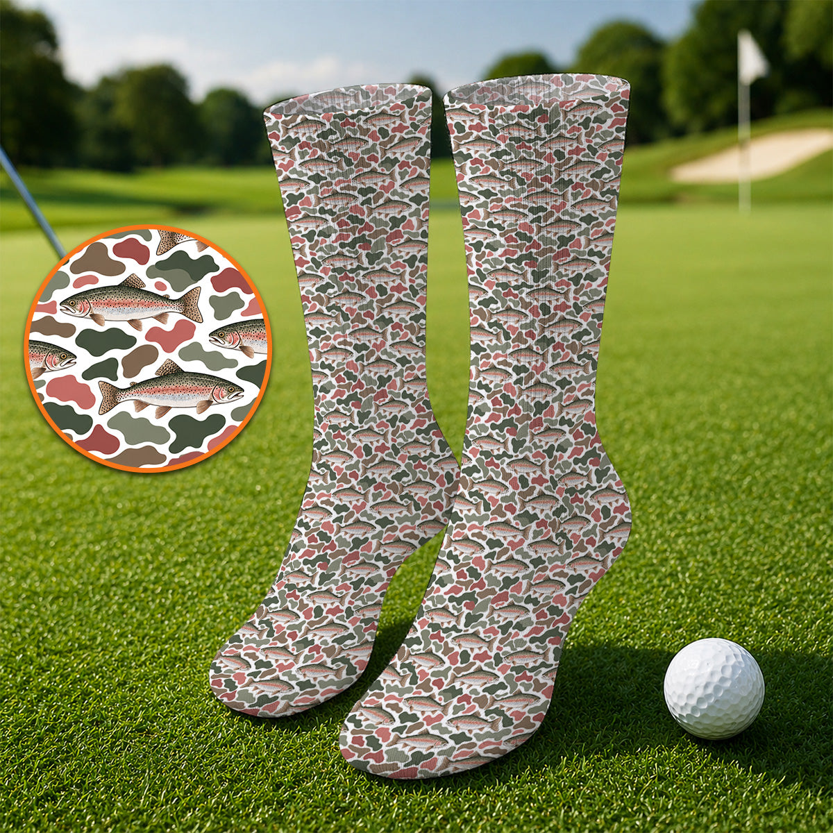Rainbow Trout Camo Golf Socks, Trout Fishing Camouflage Pattern Golf Sock, Crazy Golf Gift For Golfer