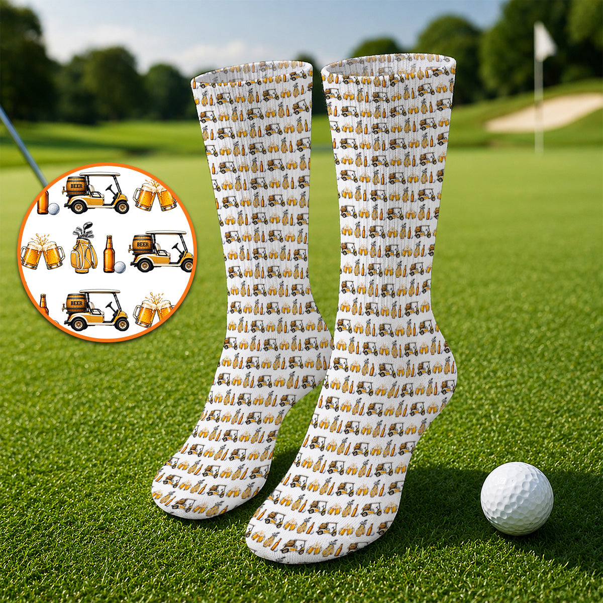 Golf & Beer Socks, Funny Beer Golf Cart Pattern Golf Sock, Beer Golf Gift For Golfers