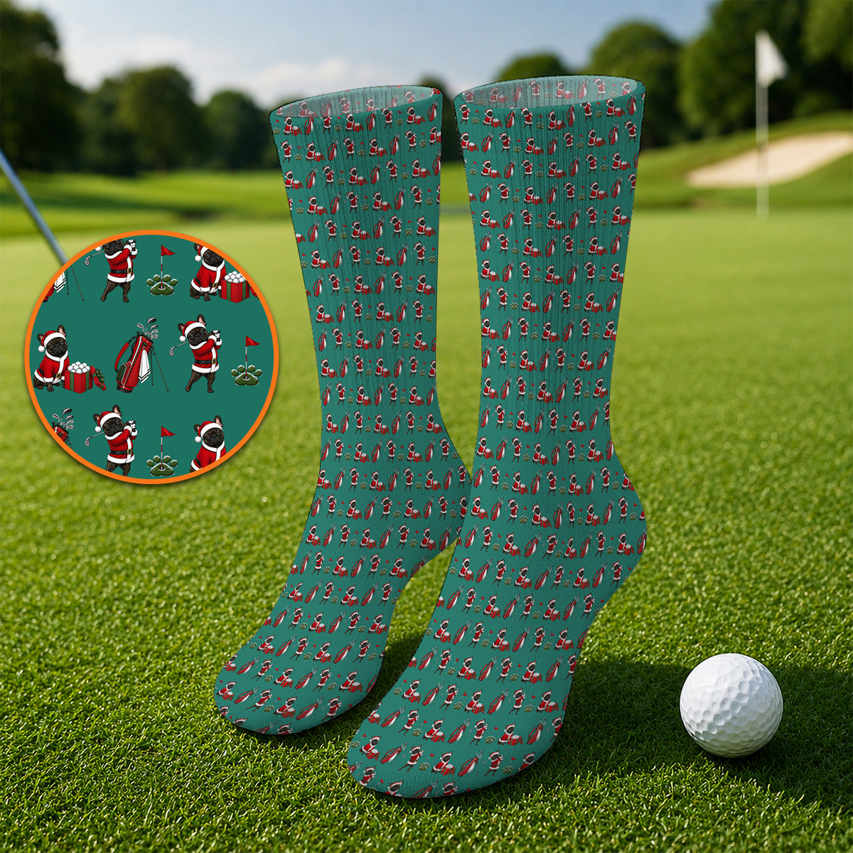 Christmas French BullDog Pattern Golf Socks, Funny Santa French BullDog Holiday Golf Sock, Xmas Golf Gift For Golfers