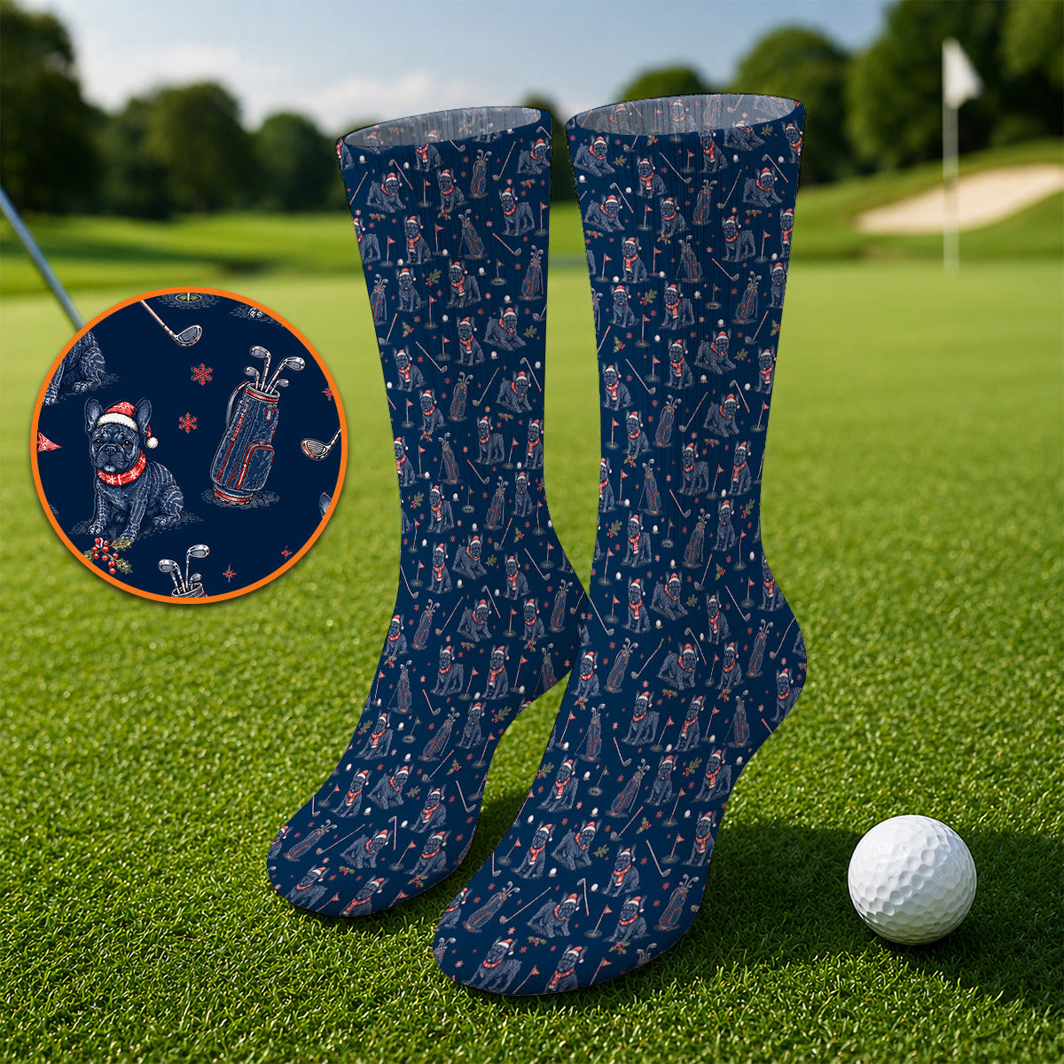 French Bulldog Christmas Golf Socks, Vintage Holiday Dog Pattern Golf Sock, Xmas Golf Gift for Golfers