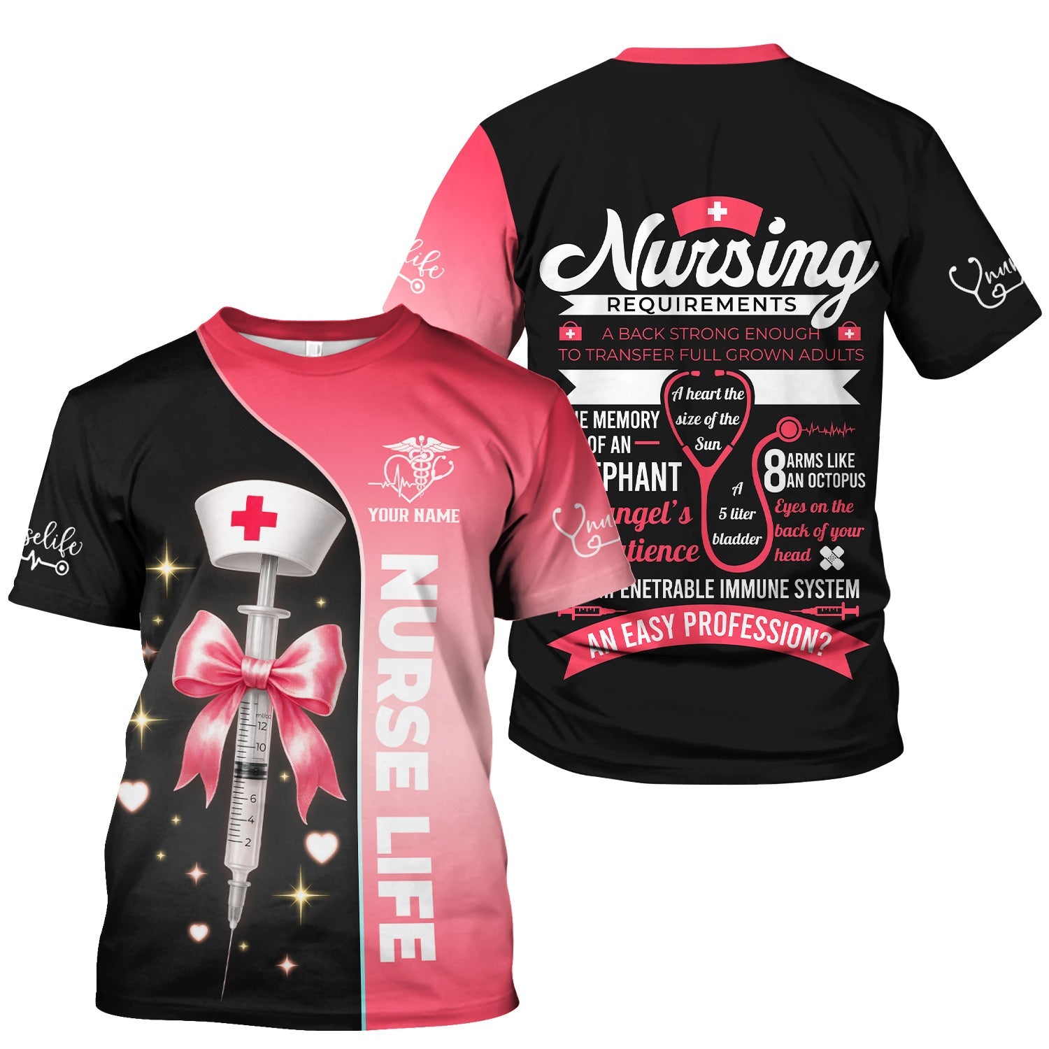 Personalized Nurse Life Shirt - Cute Syringe Bow Design Pink Black - Nursing Requirements Funny Quote Gift