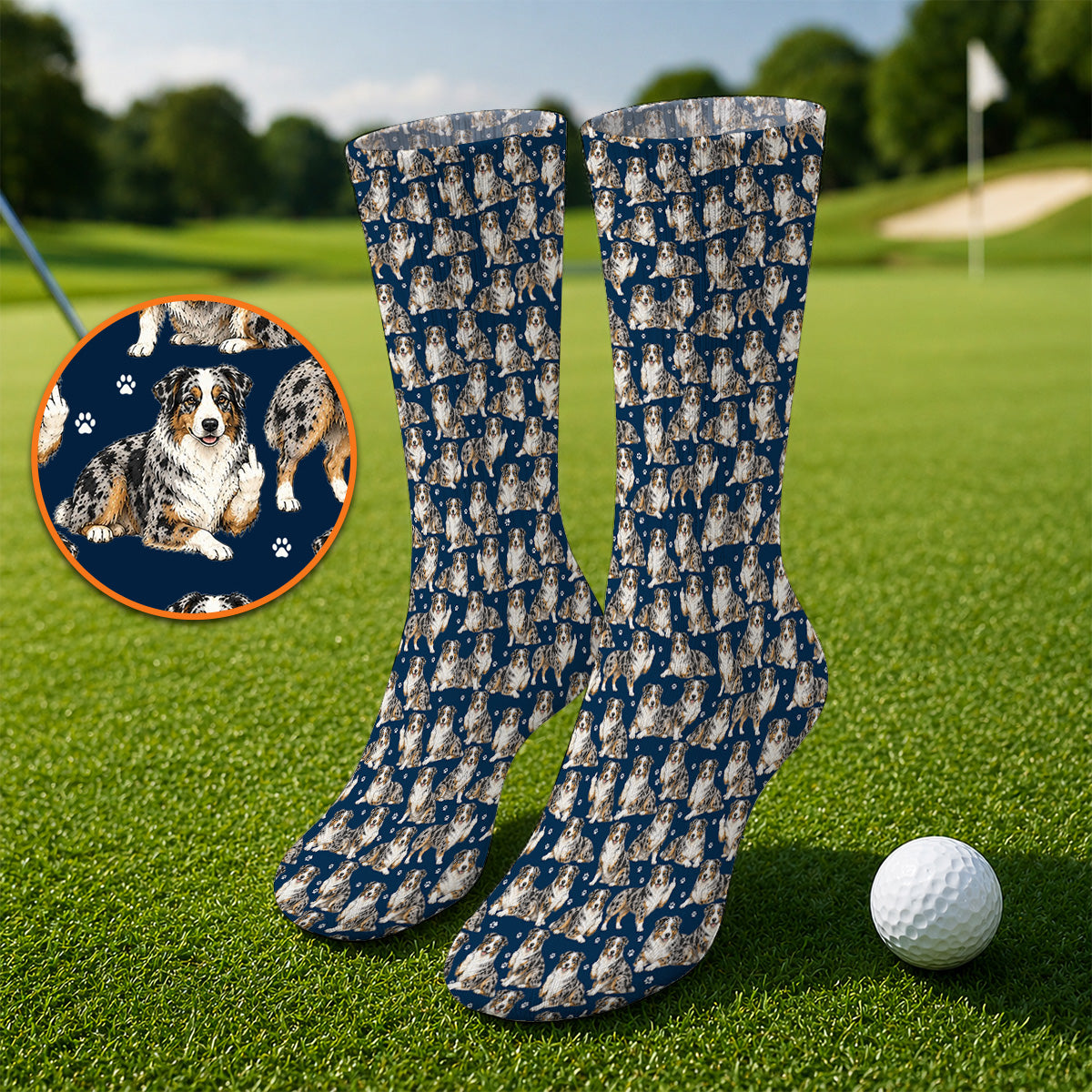 Australian Shepherd Golf Sock, Funny Blue Merle Aussie Pattern Golf Socks, Golf Gift For Golfer