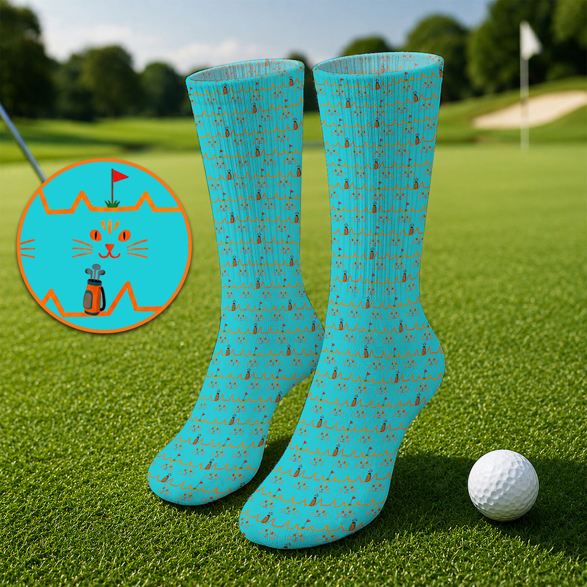 Cat Lover Golf Socks, Turquoise Cat Face & Golf Bag Pattern Golf Sock, Funny Kitty Golf Gift for Golfers