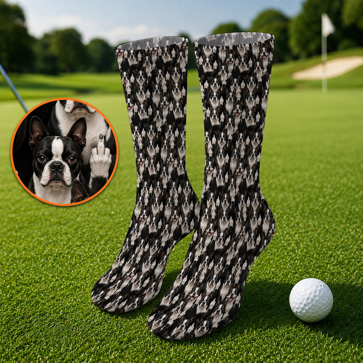 Boston Terrier Pattern Golf Socks, Funny Boston Terrier Golf Sock, Golf Gift For Golfer