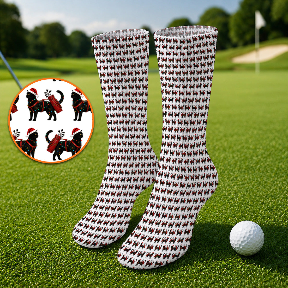 Black Cat Christmas Golf Socks, Crazy Cats Golf Sock For Xmas Holiday, Golf Gift For Cat Loving Golfer