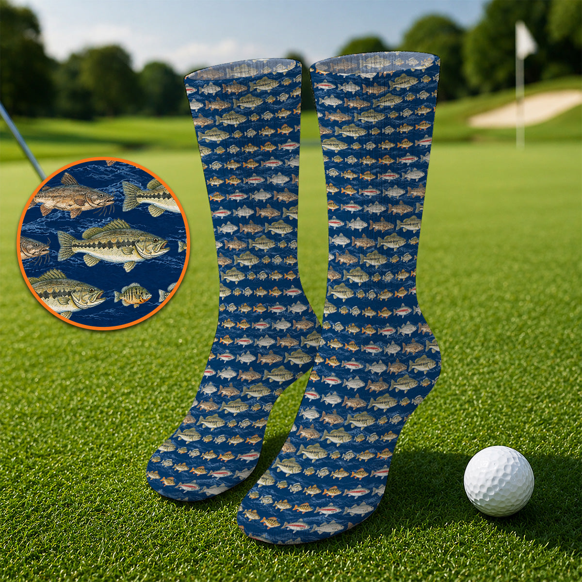 Freshwater Fishing Pattern Golf Socks, Bass Trout Catfish & Perch Golf Sock, Fishing Gift For Golfer