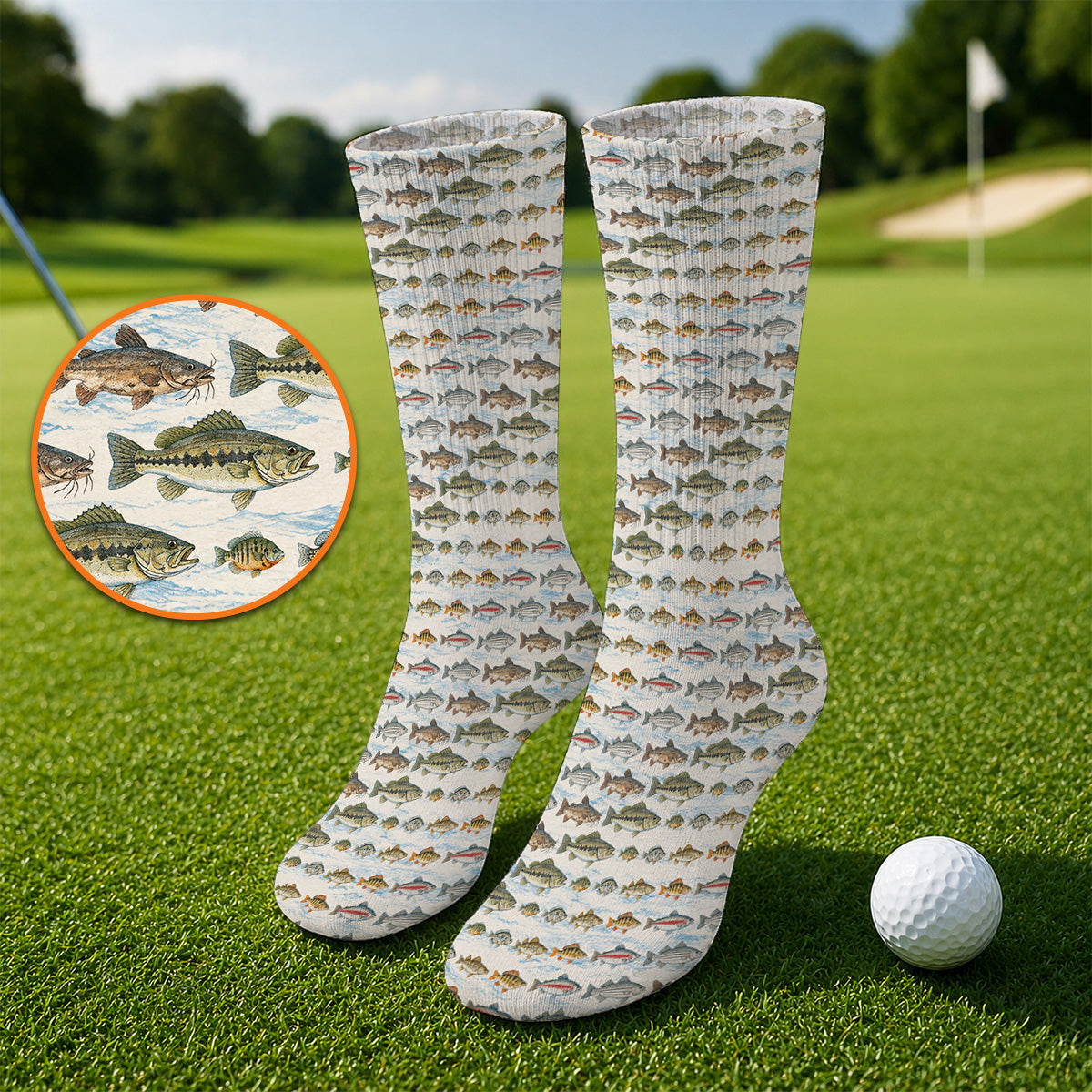 Freshwater Fishing Pattern Golf Socks, Bass Trout Catfish & Perch Golf Sock, Fishing Gift For Golfer