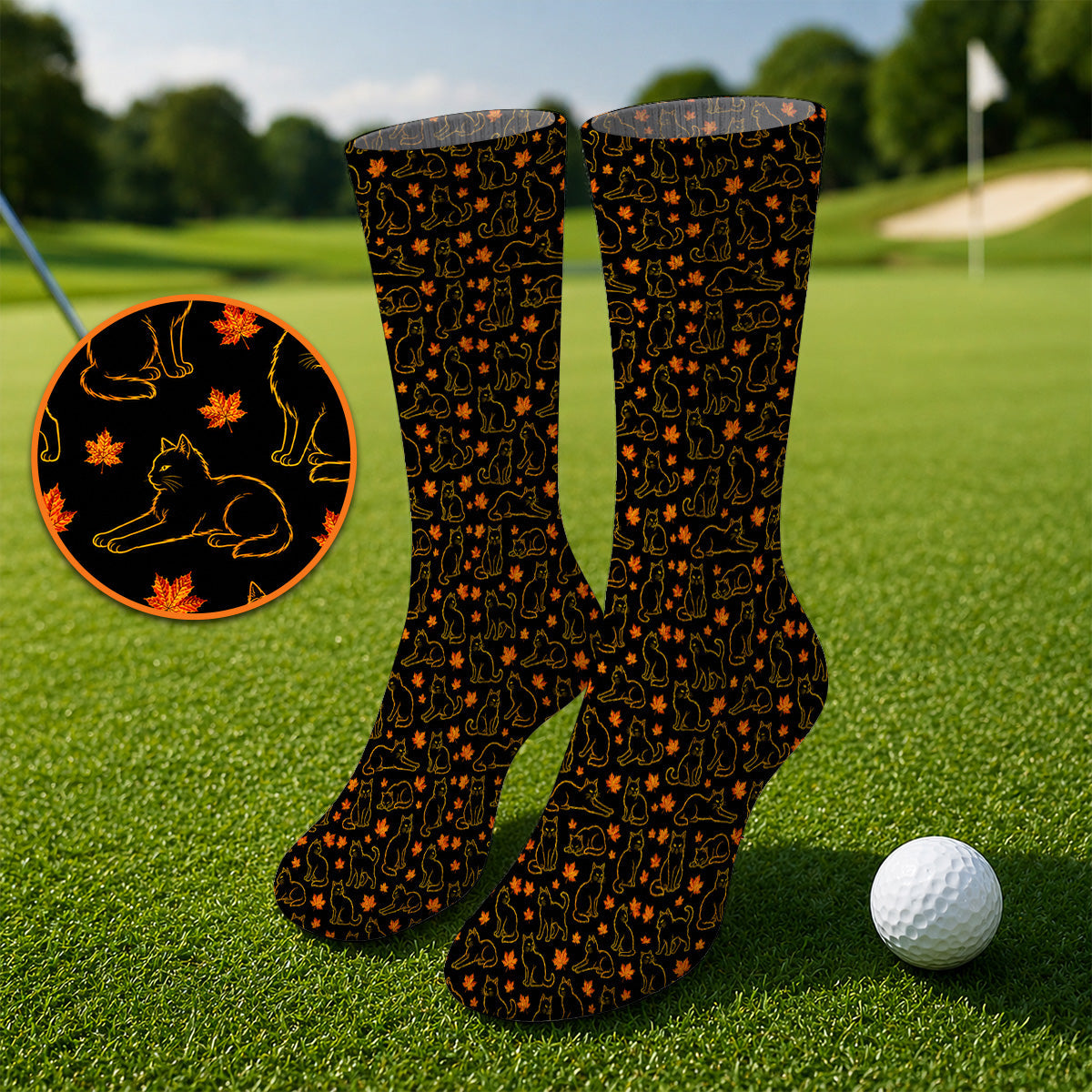 Autumn Black Longhair Cat Golf Sock, Black Longhair Cat Pattern Golf Socks, Cat Lovers Golf Gift