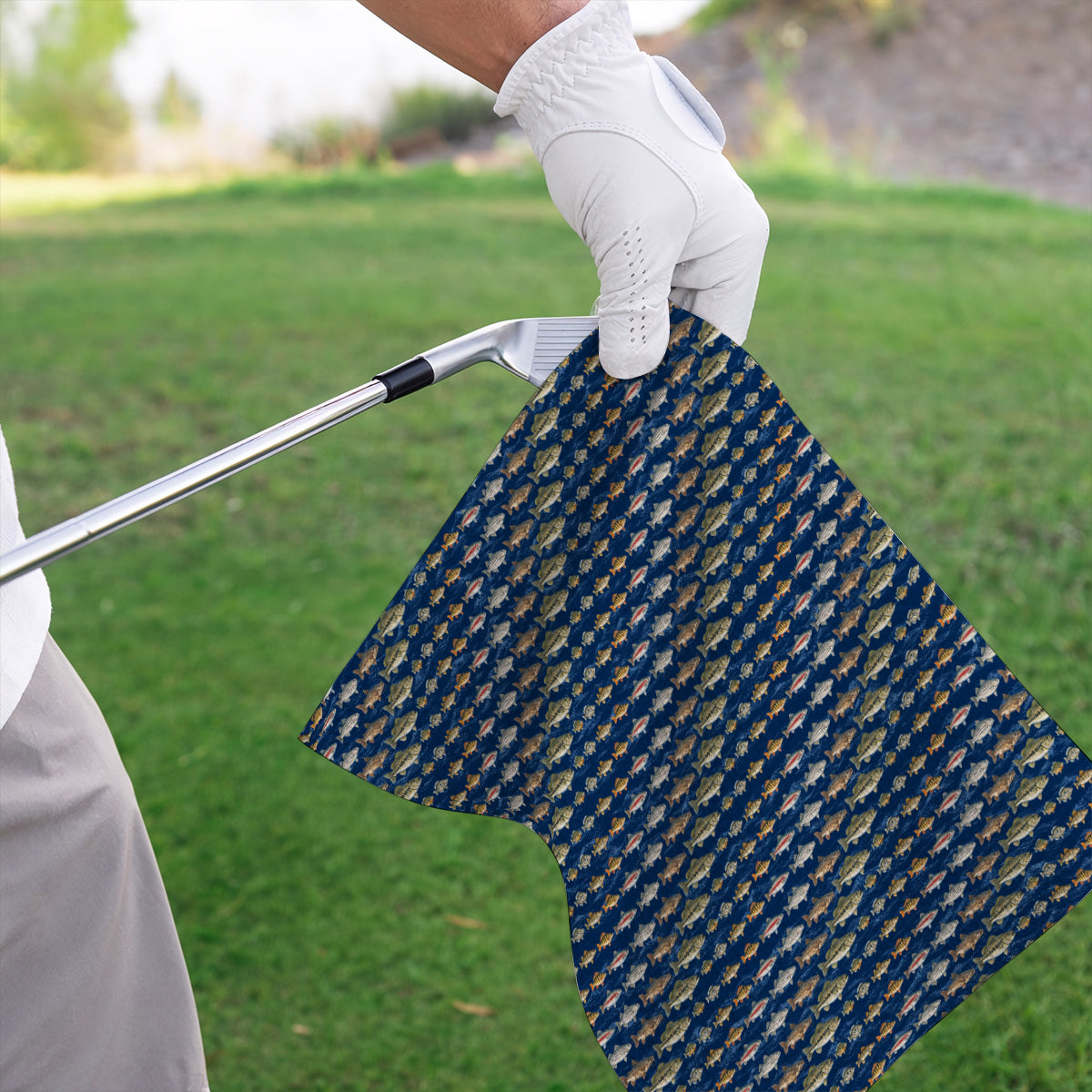 Freshwater Fishing Pattern Golf Towels, Bass Trout Catfish & Perch Golf Towel, Fishing Gift For Golfer