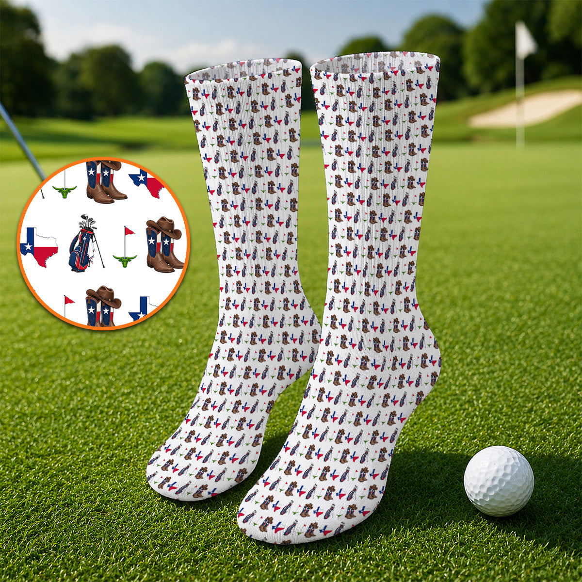 Texas Cowboy Golf Socks, Western Texas Golf Pattern Sock, Crazy Golf Gift For Golfer