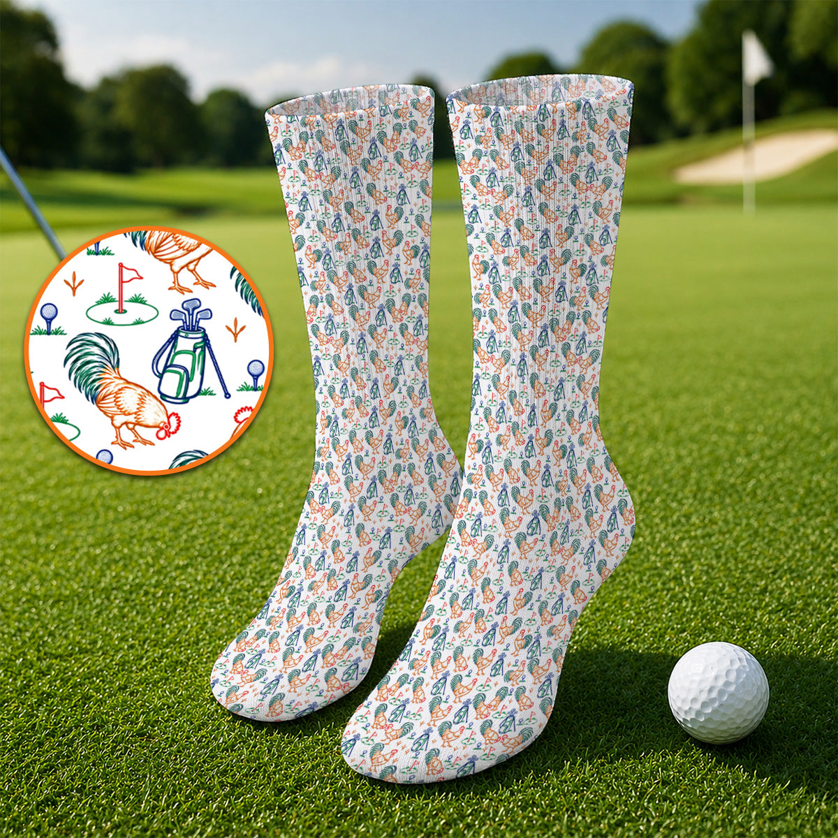 Colorful Rooster Golf Socks, Rooster Pattern Golf Sock For Chicken Lovers, Funny Golf Gift For Golfers