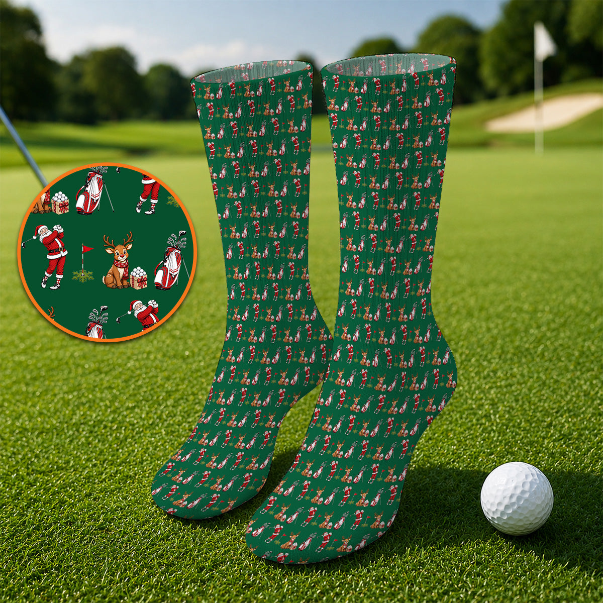 Christmas Golf Pattern Socks, Santa Reindeer Golf Sock, Xmas Gift For Golfers