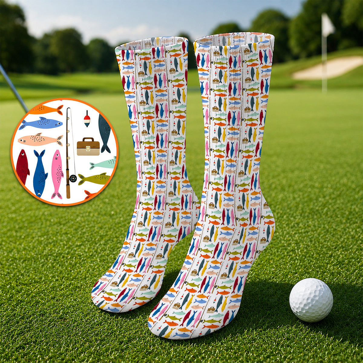 Colorful Fish Pattern Golf Socks, Fishing Rod Pattern Golf Sock, Crazy Golf Gift For Anglers and Fishermen