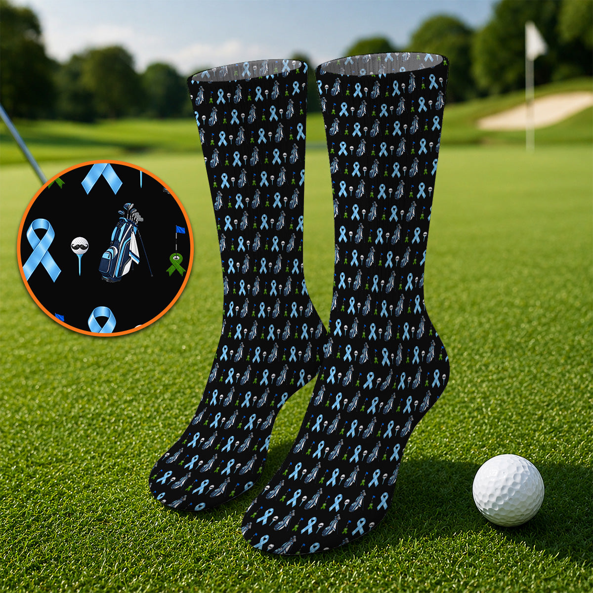 Prostate Cancer Awareness Golf Socks, Blue Ribbon Golf Pattern Sock, Prostate Cancer Support Gift for Golfers